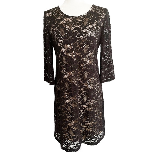 LIZ CLAIBORNE Women's Black Lace Overlay Shift Dress 3/4 Length Sleeves Size 6 - Picture 1 of 14
